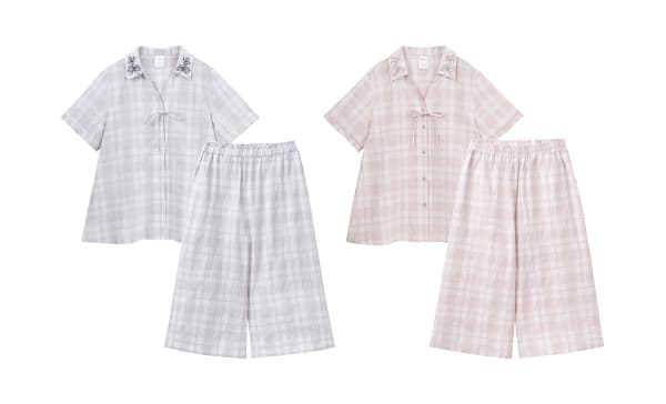 Embroidered Shirred Check Flare Pajamas